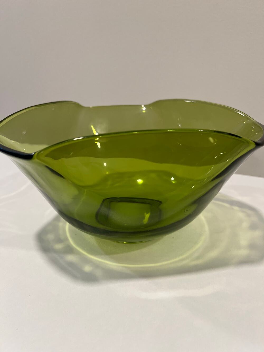 Vintage Anchor Hocking Green Glass Bowl: MCM Tri-Top Salad Serving